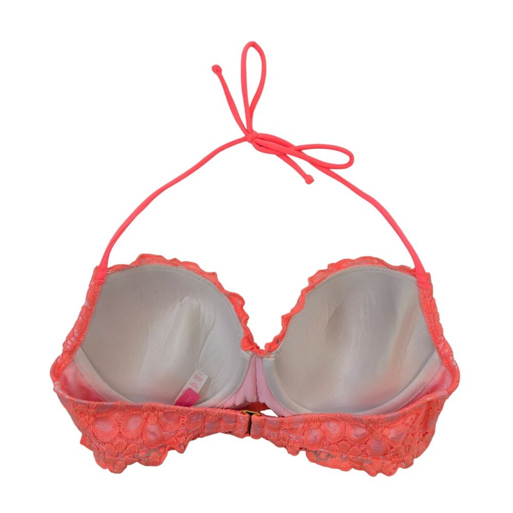 Victoria's Secret Neon Orange Lace Overlay Padded Bikini Top Size 34C - Picture 2 of 6
